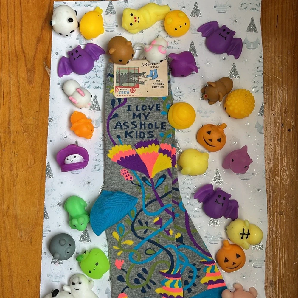 Blue Q women’s crew socks “I love my A$$hole kids” NWT + 30 squishies